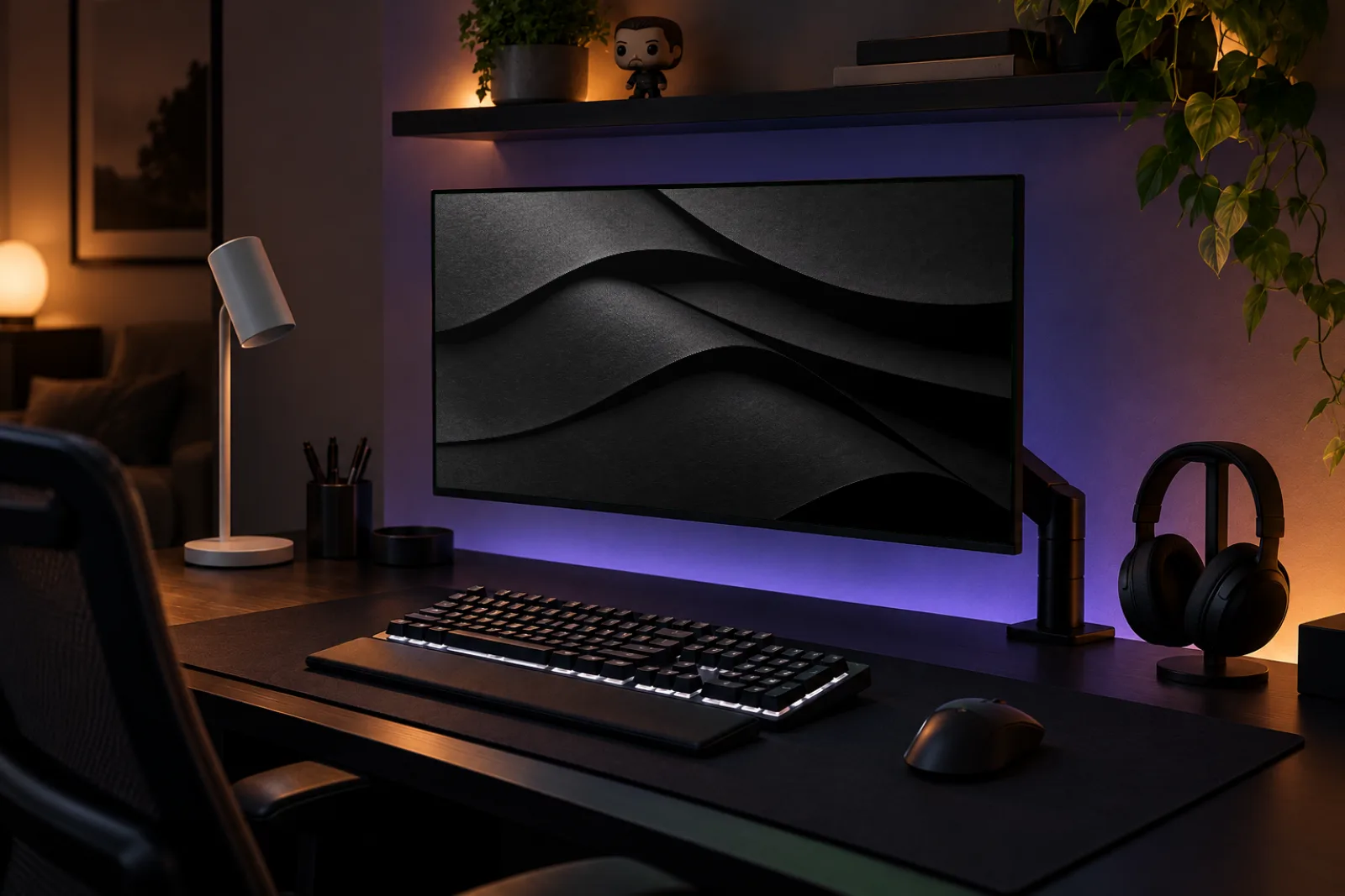 Setup com o wallpaper GRAFITE no monitor